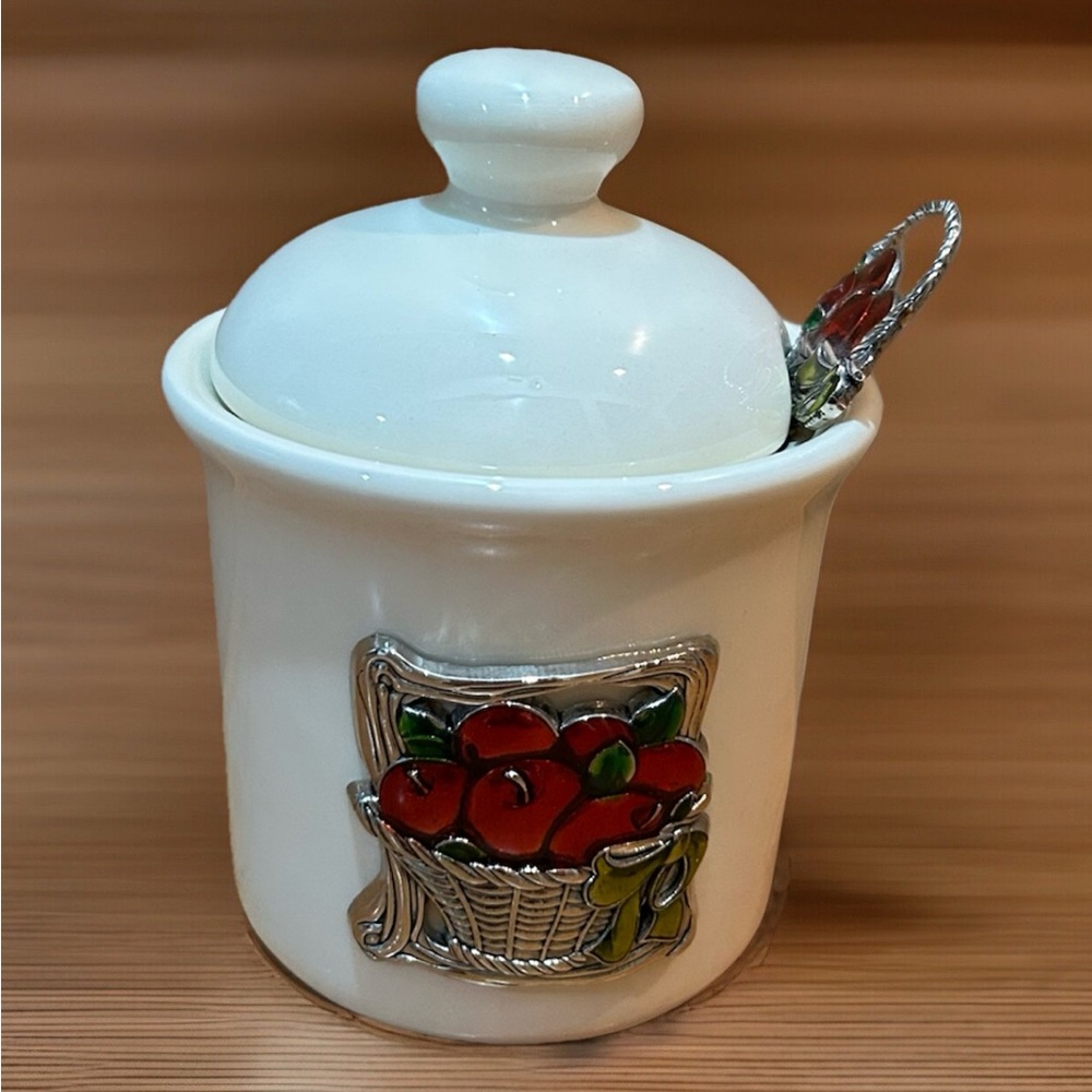 Ganz Condiment Jam/Jelly Lidded Jar W/Spoon Red Apples in SilverBasket 4"